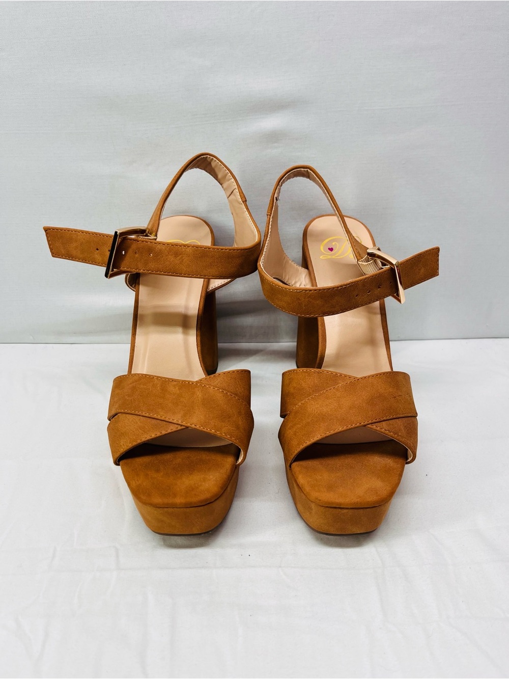 Sun + Stone Cognac Suede Platform Sandals with Ankle Buckle